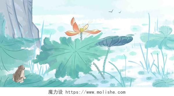 水墨风中国画夏天荷花植物原创装饰画背景插画